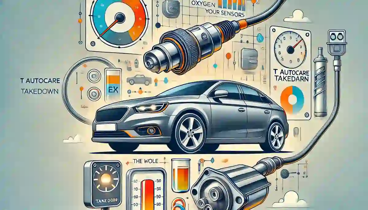 Illustration of a car’s oxygen sensor and exhaust system, highlighting the role of oxygen sensors in improving fuel efficiency and reducing emissions, with T Autocare Takedown branding.