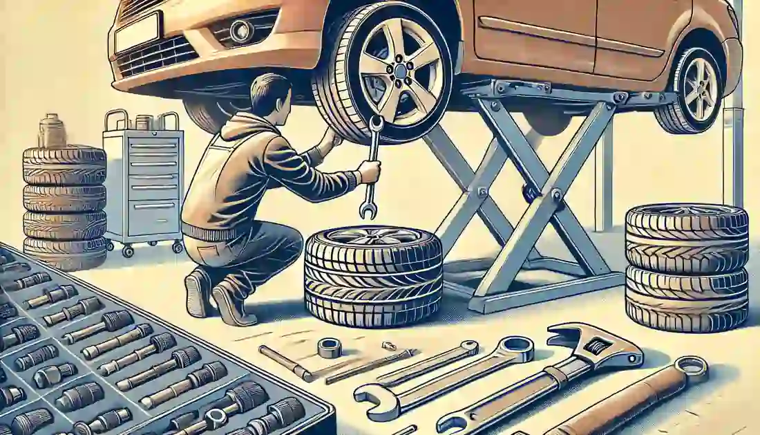 A mechanic using a lug wrench to loosen the lug nuts on a car tire, with the car lifted on jack stands in a clean and organized auto repair setting. Various tools are visible, emphasizing a practical approach to tire maintenance.