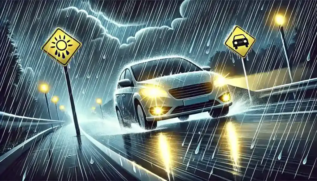 A car driving safely on a wet road during rainy conditions, with headlights on and windshield wipers active.