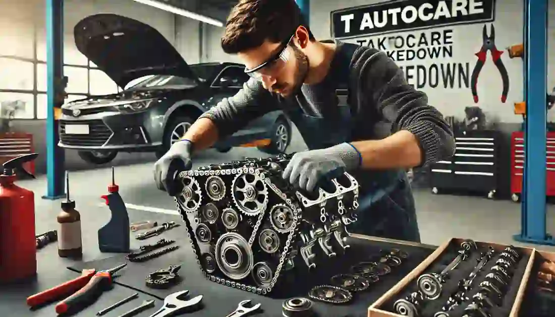 An auto repair mechanic carefully replacing a timing chain on a car engine in a clean, well-lit auto repair shop with tools and equipment neatly organized. The background includes a sign that reads 'T Autocare Takedown' and the shop's logo