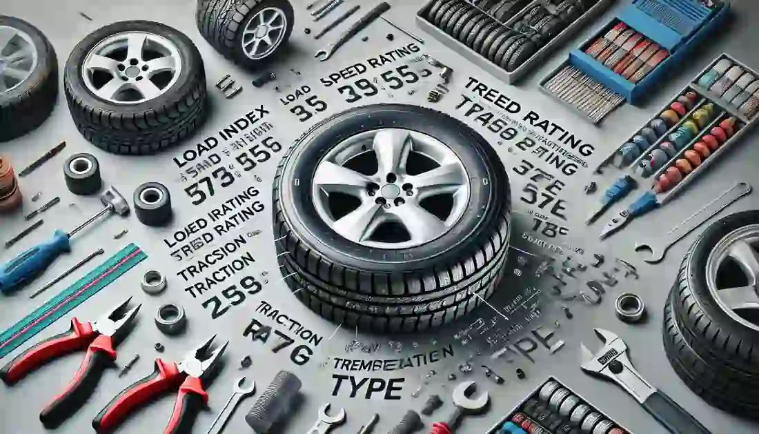 A detailed image showing various tire ratings on a tire's sidewall in a clean and organized auto repair setting, highlighting load index, speed rating, treadwear rating, traction rating, temperature rating, tire size, and construction type.