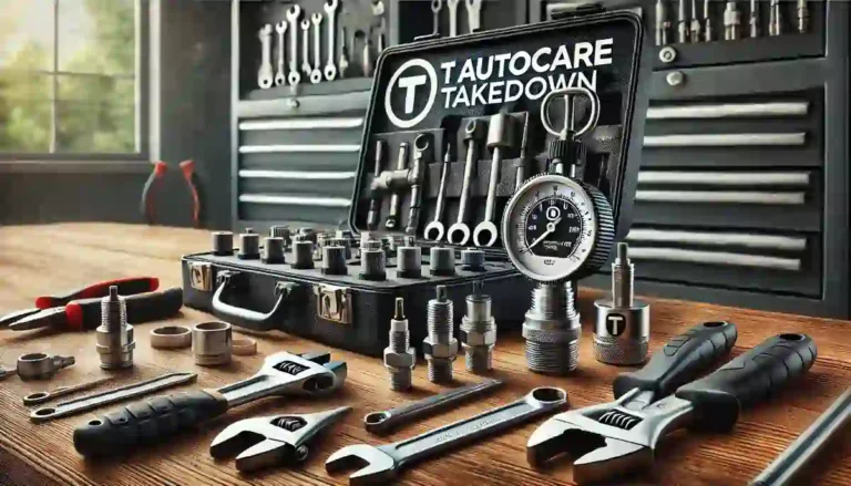 A neatly arranged set of tools for a compression test, including a compression gauge, spark plug socket, and wrenches, displayed on a clean workbench. Behind the tools, a tool chest is visible with the "T Autocare Takedown" branding clearly displayed.