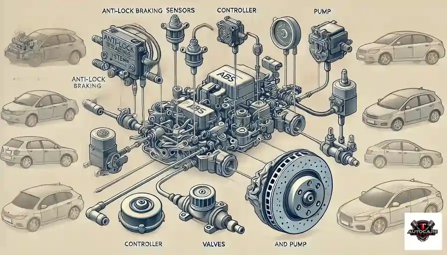 Diagram showing the key components of an Anti-lock Braking System (ABS), including sensors, controller, valves, and pump, with T Autocare Takedown logo