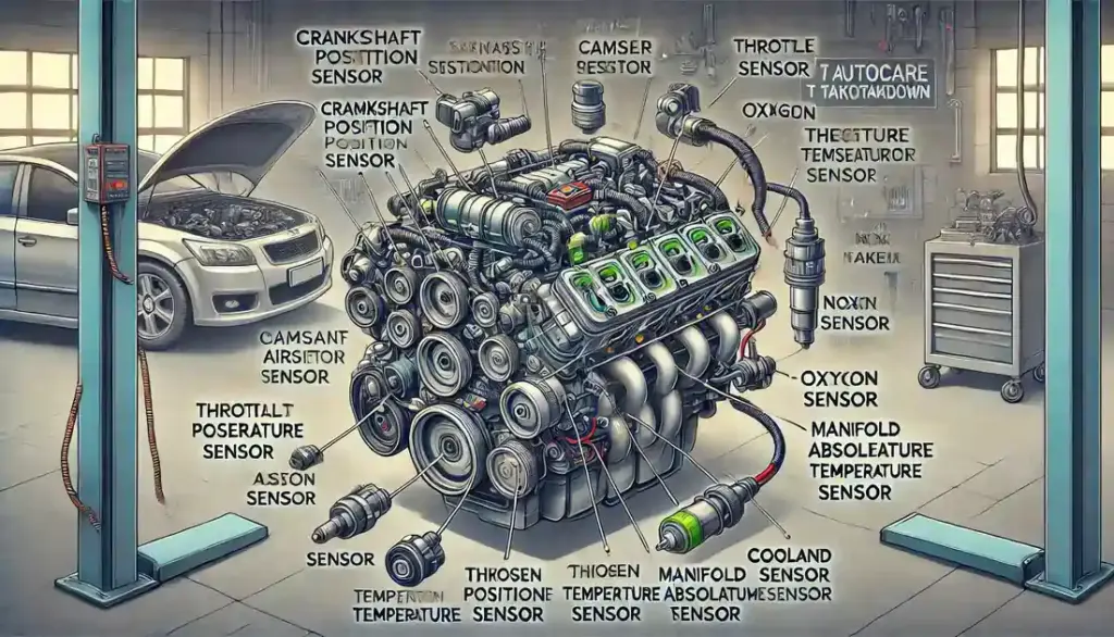 Illustration showing various engine sensors in a car engine labeled with text. The background shows a clean and organized garage with 'T Autocare Takedown' prominently displayed.