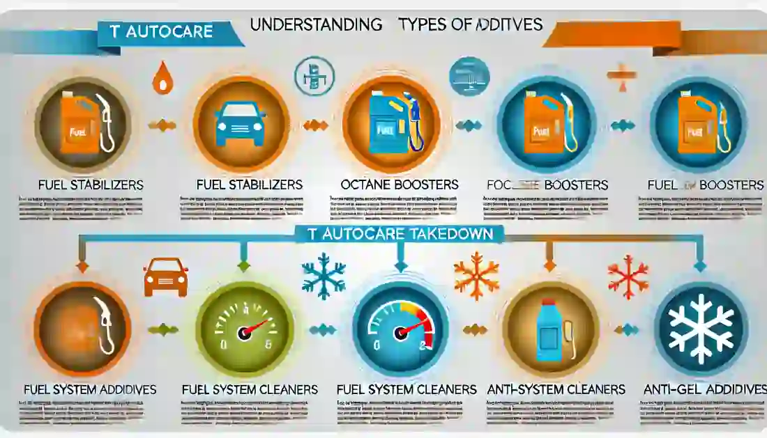 Infographic titled 'T Autocare Takedown' explaining different types of fuel additives with icons and labels for fuel stabilizers, octane boosters, fuel system cleaners, and anti-gel additives.