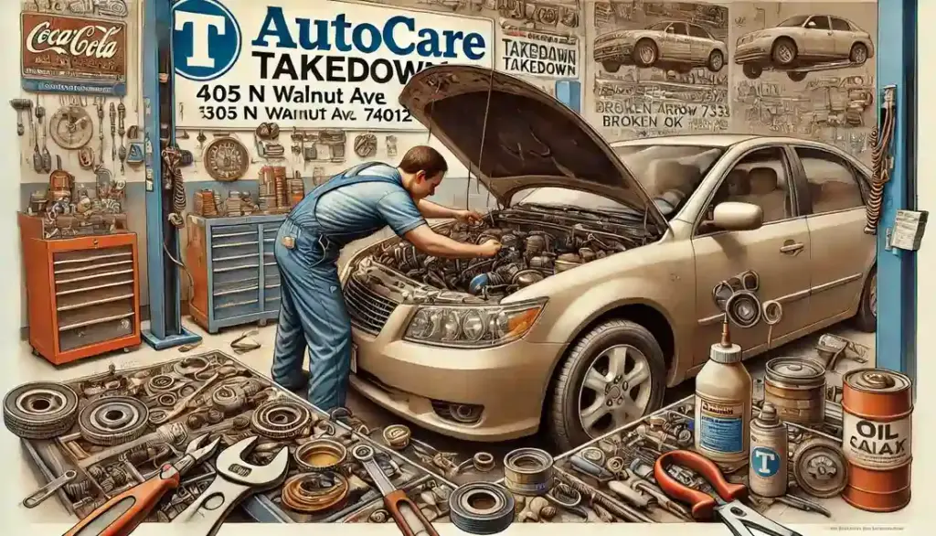 Mechanic fixing an oil leak in a car engine inside a clean and organized auto repair shop with a sign reading 'T Autocare Takedown' and the address and phone number.