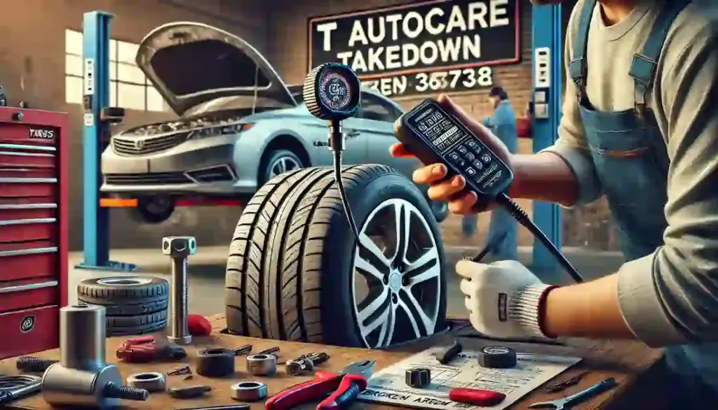 Mechanic inspecting a car tire with a Tire Pressure Monitoring System (TPMS) sensor in a clean and organized auto repair shop with a sign reading 'T Autocare Takedown'