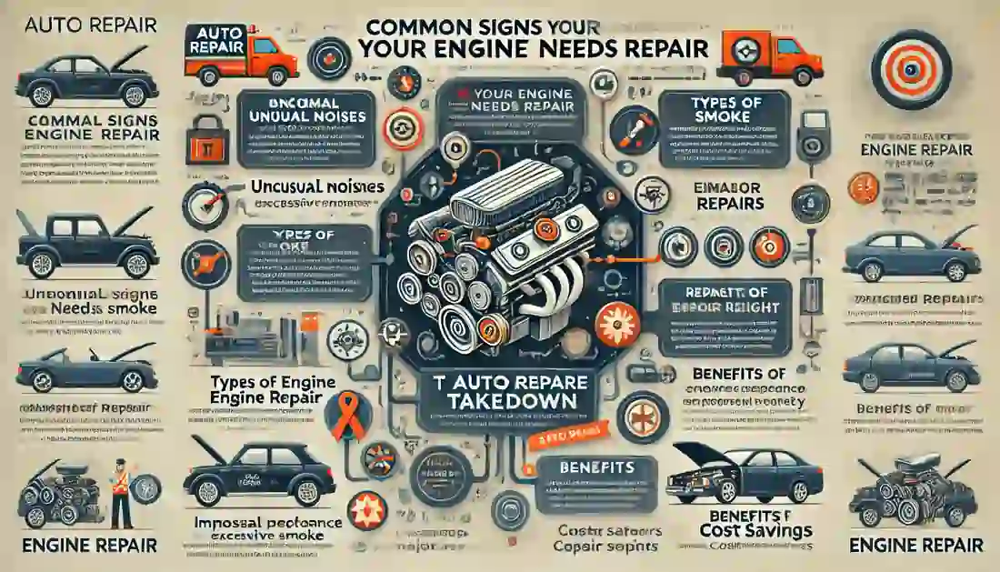 Infographic illustrating the various aspects of engine repair including common signs of engine issues, types of repairs, the repair process, and benefits of engine repair, with the text 'T Autocare Takedown' prominently displayed.